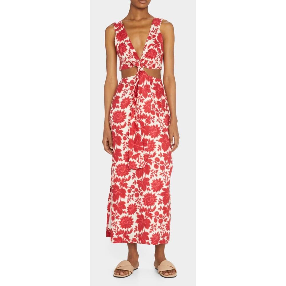 SIR The Label Cinta Midi Dress Valentina Floral Front Tie Cut Out Womens 2 Linen